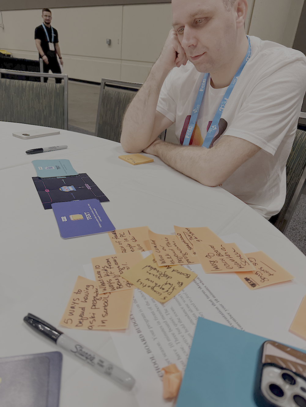 Participant working through the DREAMS brainstorm with sticky notes and cards
